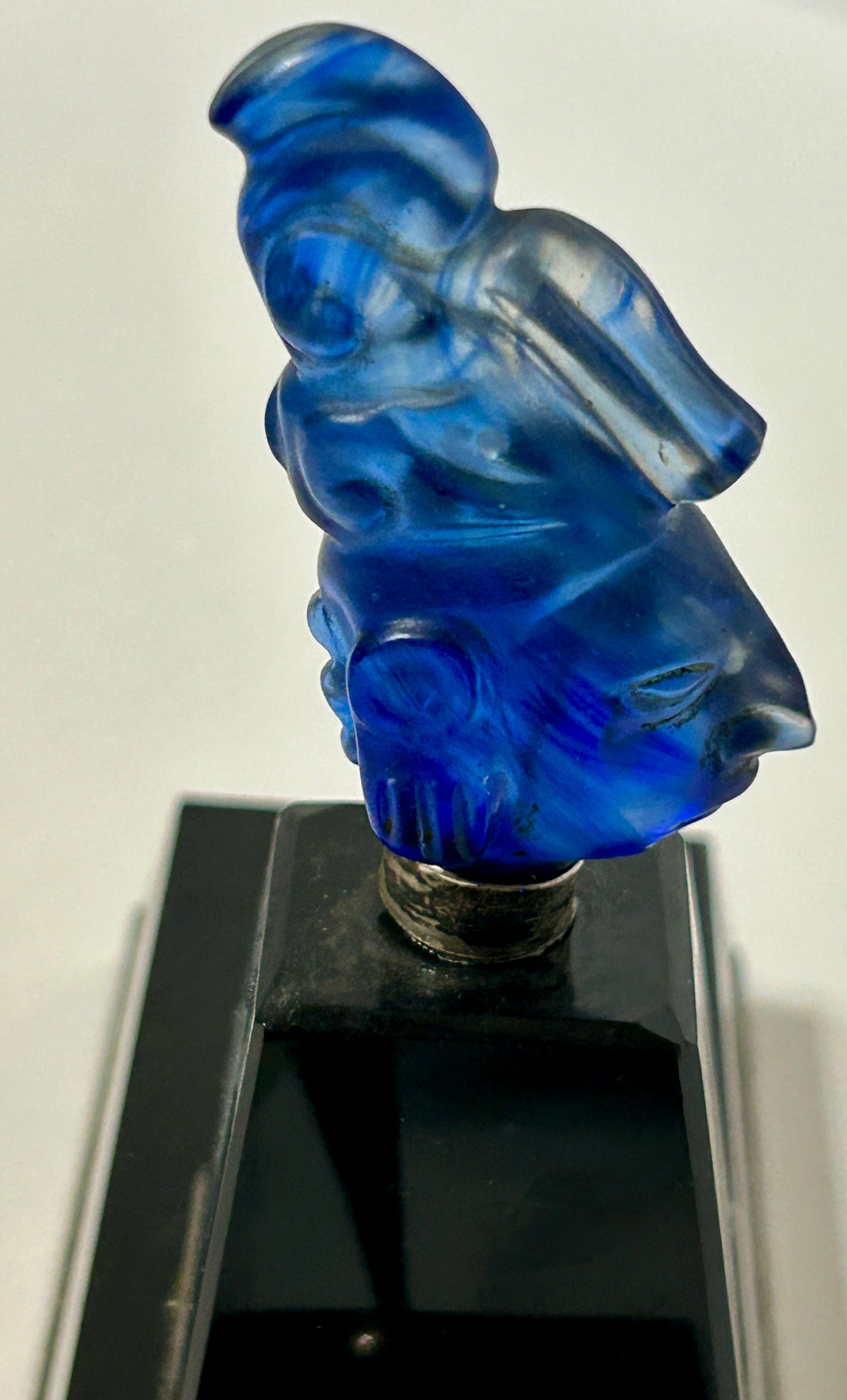 PEN HOLDER WITH BLUE GLASS FIGURE AND MEXICAN STERLING