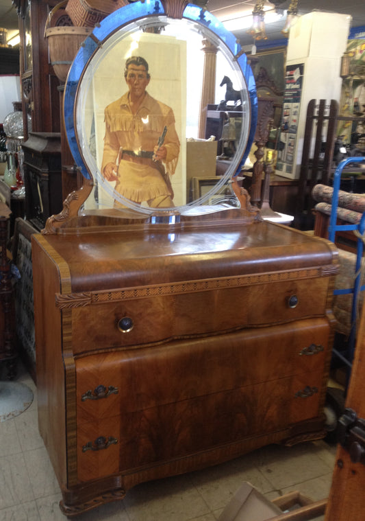 1930's DRESSER WITH ART DECO DESIGN AND BLUE TRIMMED MIRROR