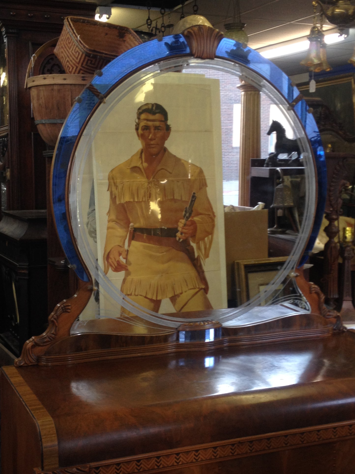 1930's DRESSER WITH ART DECO DESIGN AND BLUE TRIMMED MIRROR