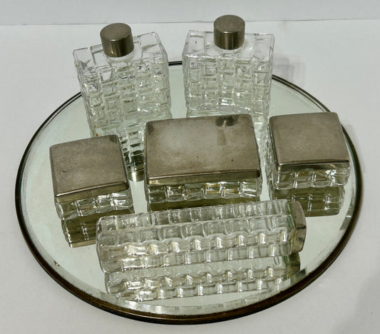 ANTIQUE DRESSER TRAY WITH SIX GLASS CONTAINERS