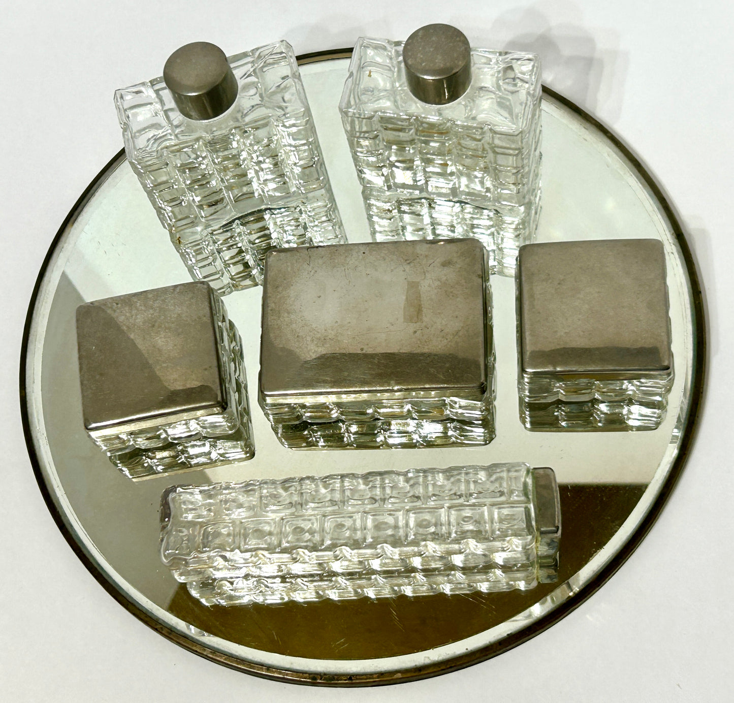 ANTIQUE DRESSER TRAY WITH SIX GLASS CONTAINERS