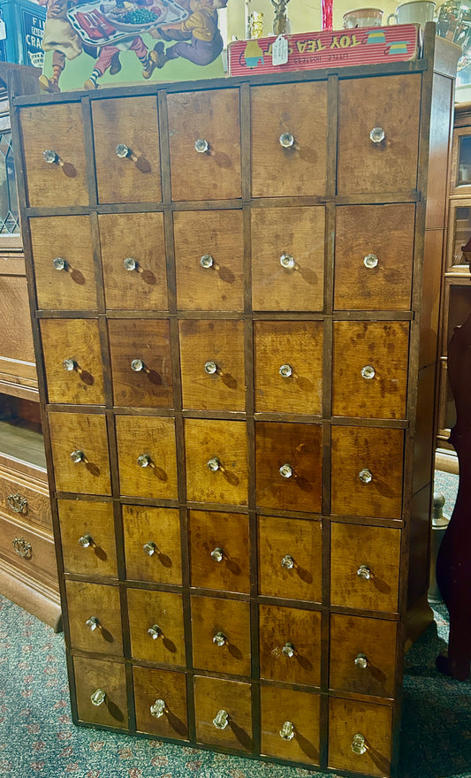 ANTIQUE 35 DRAWER CABINET WITH IUNUSUAL GLASS AND BRASS KNOBS