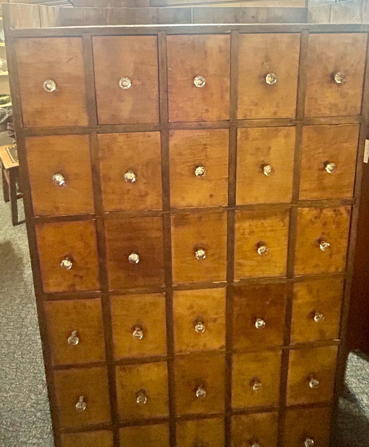 ANTIQUE 35 DRAWER CABINET WITH IUNUSUAL GLASS AND BRASS KNOBS