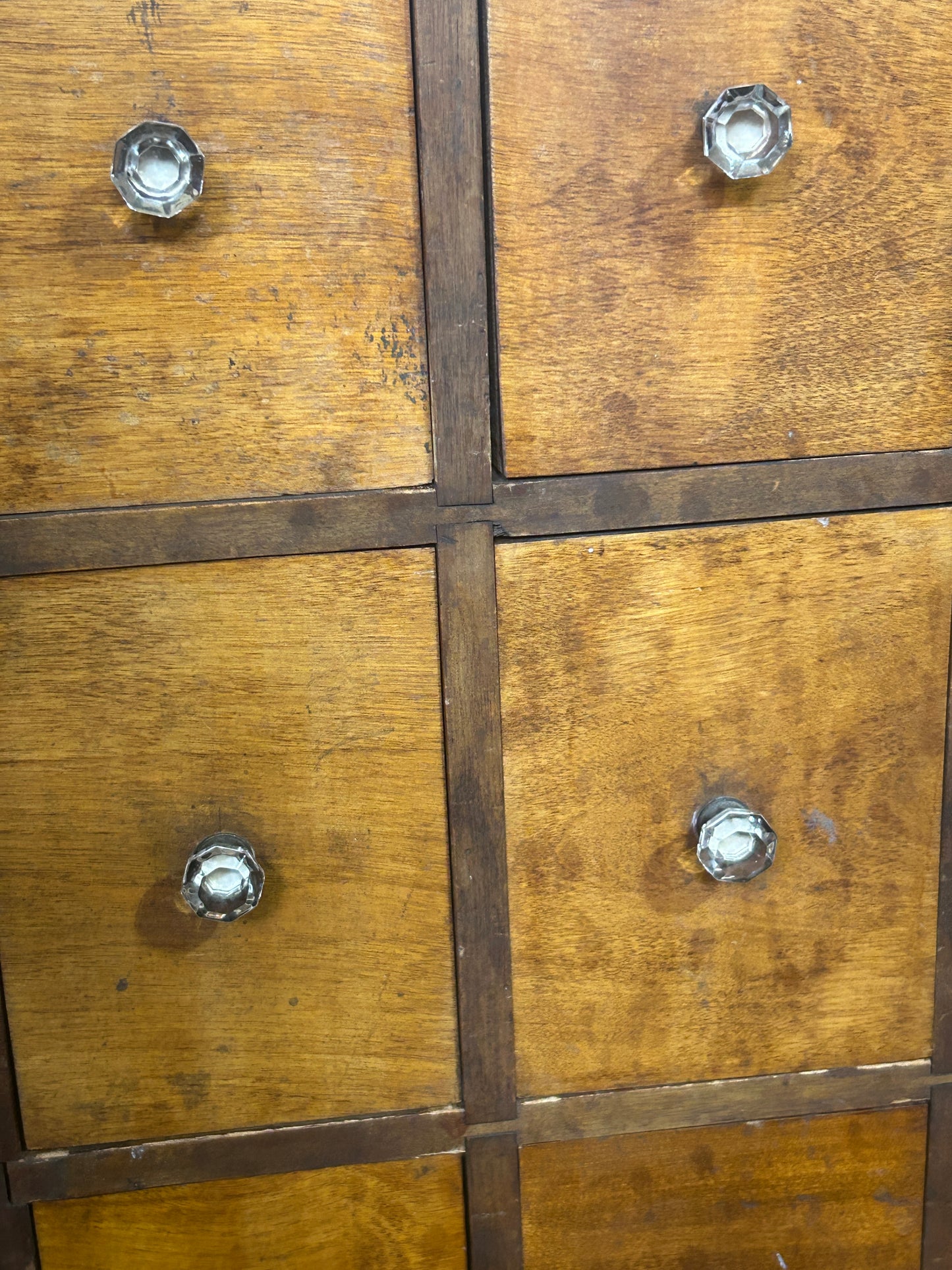 ANTIQUE 35 DRAWER CABINET WITH IUNUSUAL GLASS AND BRASS KNOBS