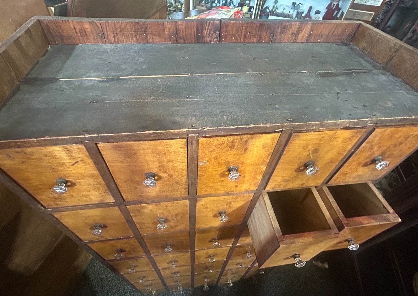 ANTIQUE 35 DRAWER CABINET WITH IUNUSUAL GLASS AND BRASS KNOBS