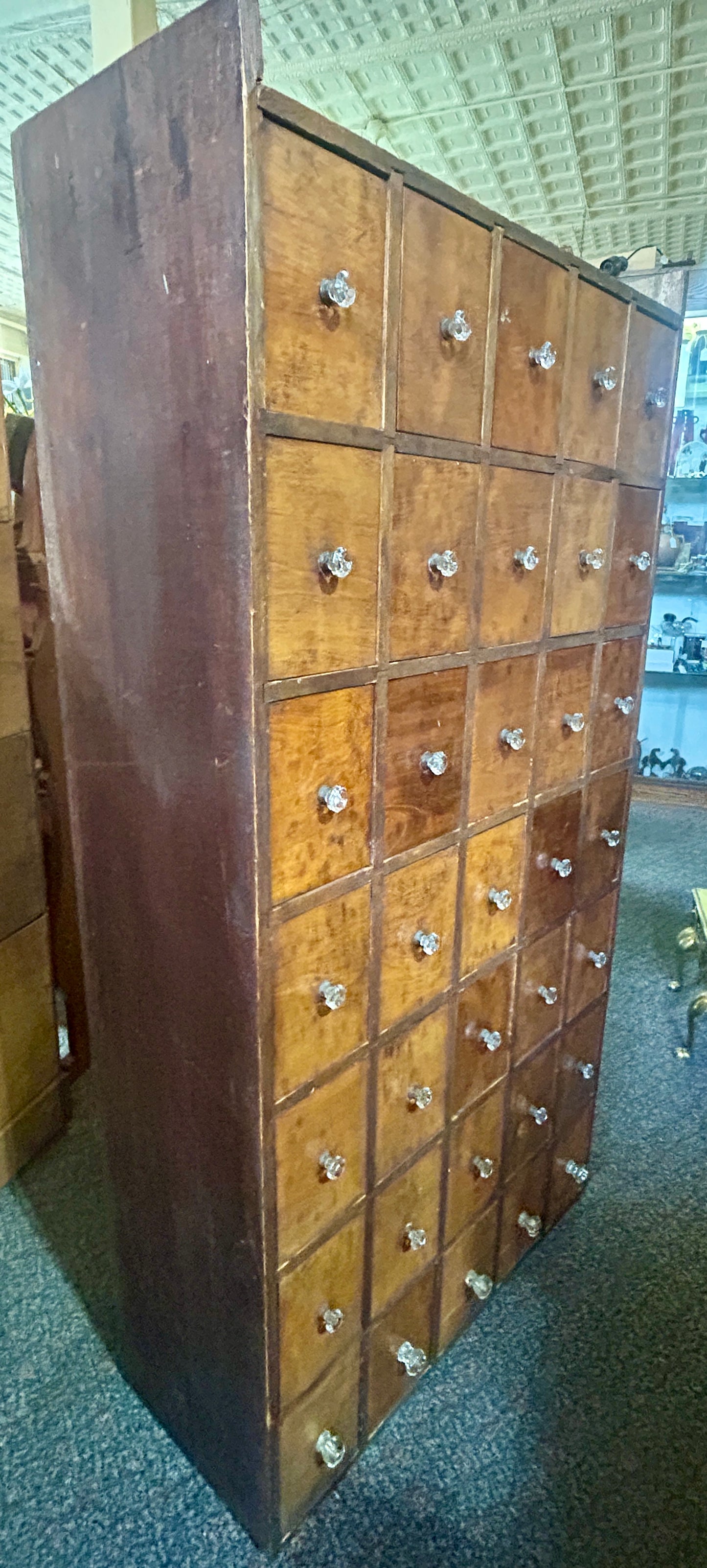 ANTIQUE 35 DRAWER CABINET WITH IUNUSUAL GLASS AND BRASS KNOBS