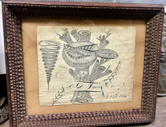 CALLIGRAPHY ANTIQUE BIRD IN NEST SAN FRANCISCO 1883 PEN & INK DRAWING