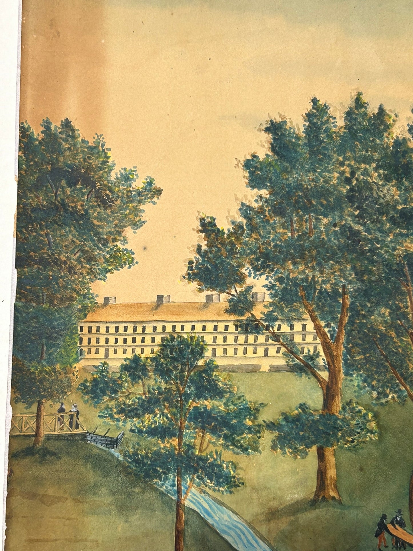 FOLK ART ANTIQUE PAINTING OF LARGE BUILDING  AND PEOPLE
