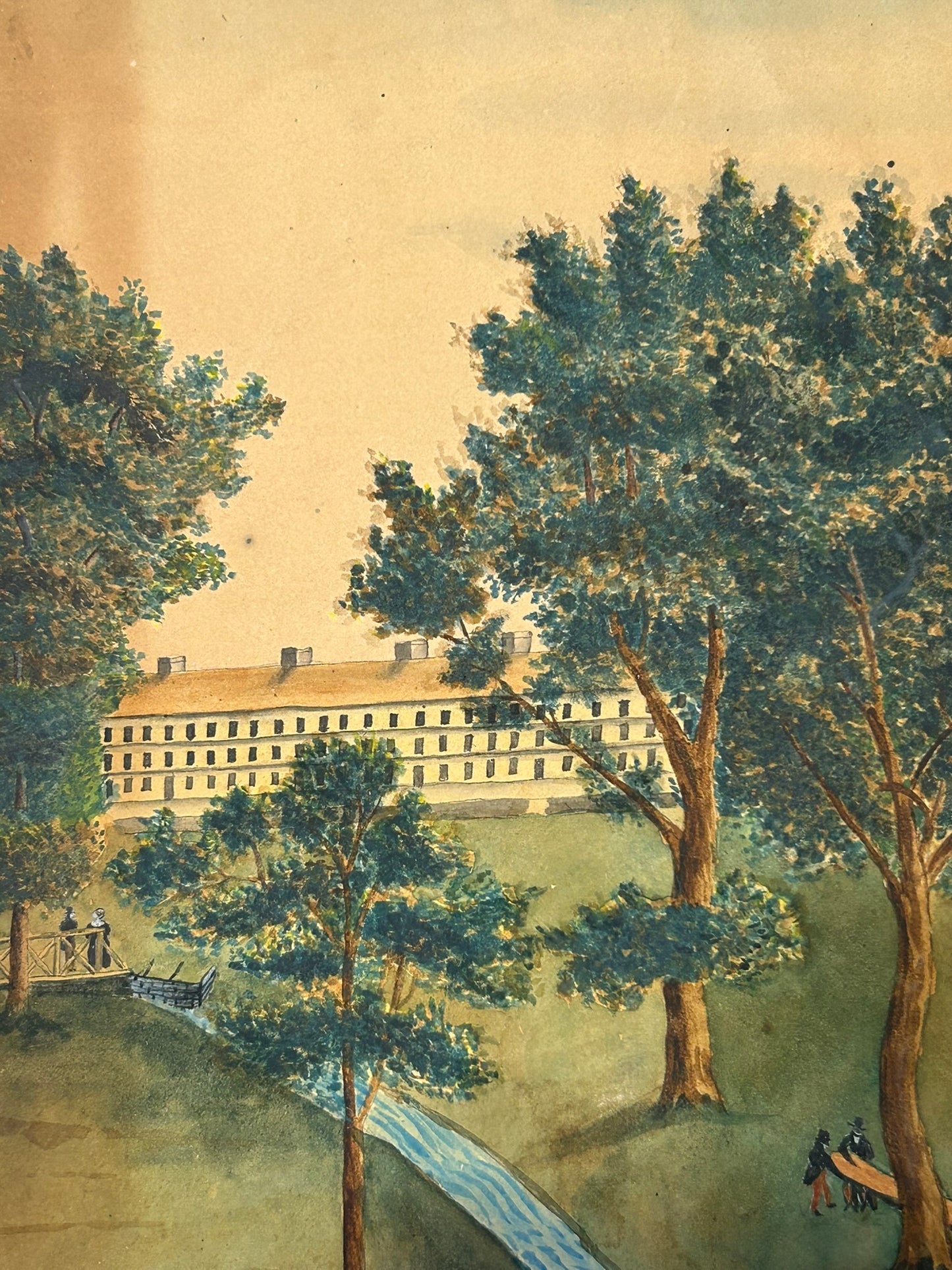 FOLK ART ANTIQUE PAINTING OF LARGE BUILDING  AND PEOPLE