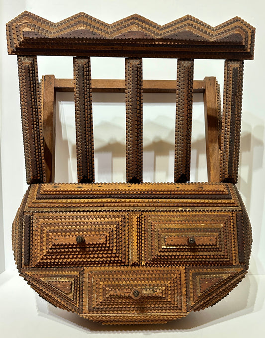 ANTIQUE TRAMP ART WALL MAGAZINE RACK WITH DRAWERS