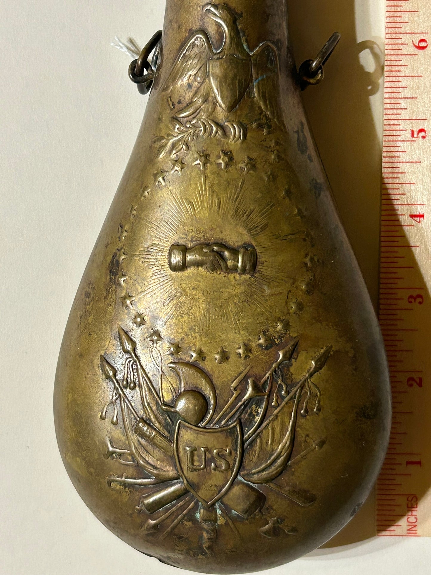 POWDER FLASK WITH PEACE TYPE DESIGNS OF EAGLE AND HANDS
