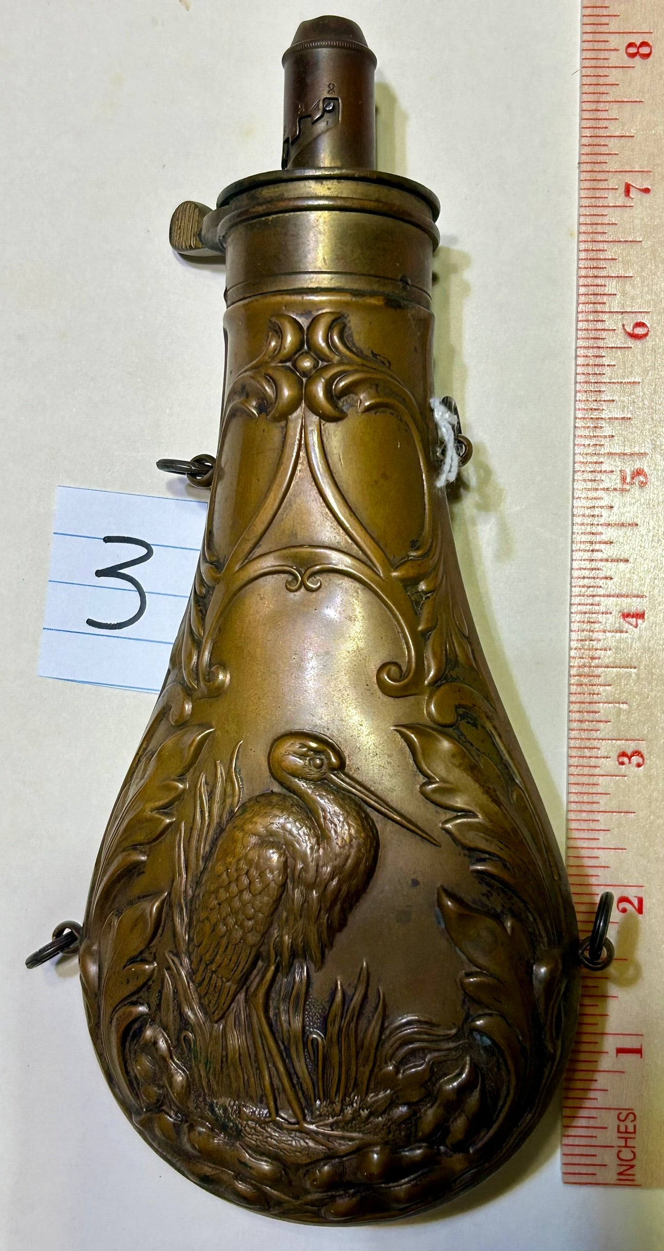 ANTIQUE HERON DESIGN POWDER FLASK BY FRARY BENHAM CO.