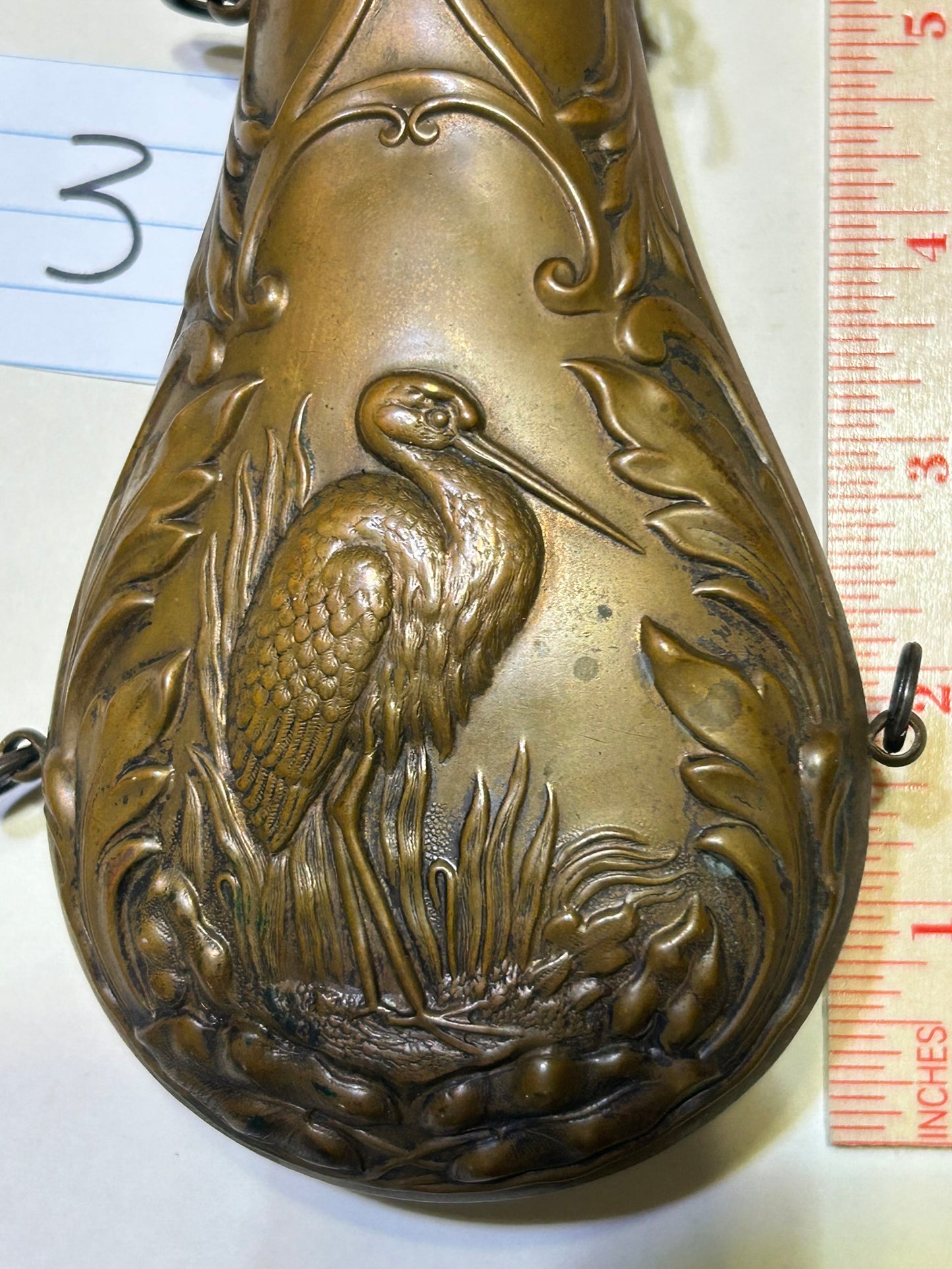 ANTIQUE HERON DESIGN POWDER FLASK BY FRARY BENHAM CO.