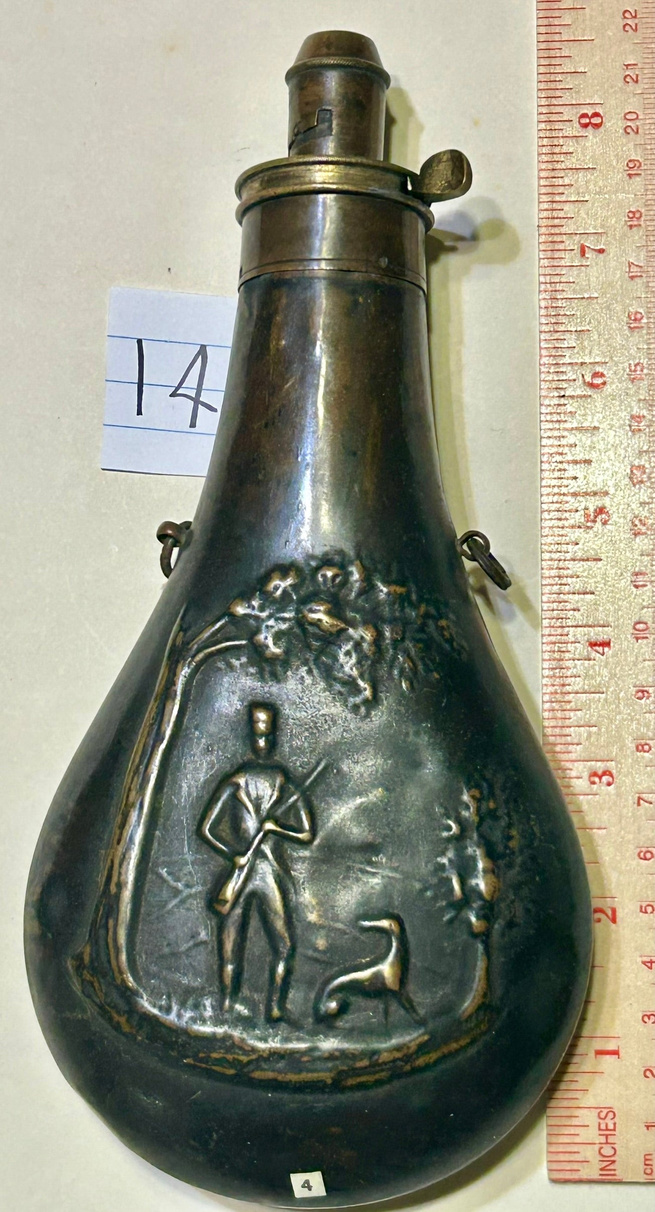 ANTIQUE HUNTER WITH DOG POWDER FLASK