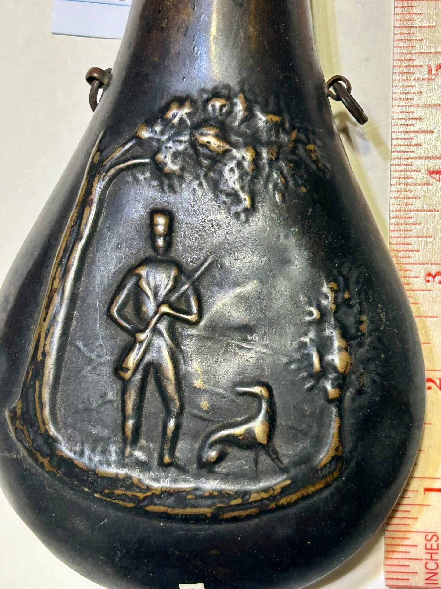 ANTIQUE HUNTER WITH DOG POWDER FLASK