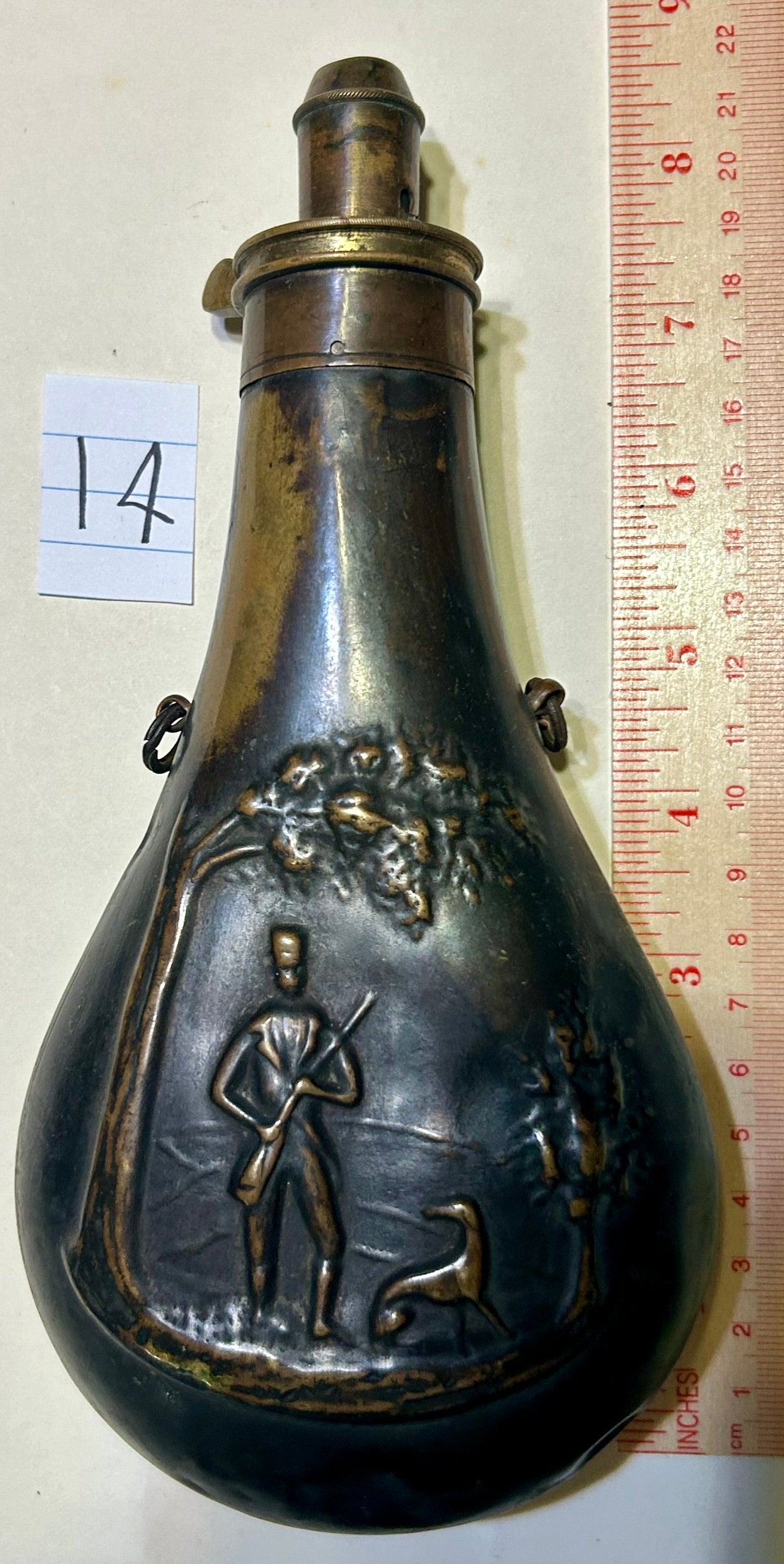 ANTIQUE HUNTER WITH DOG POWDER FLASK
