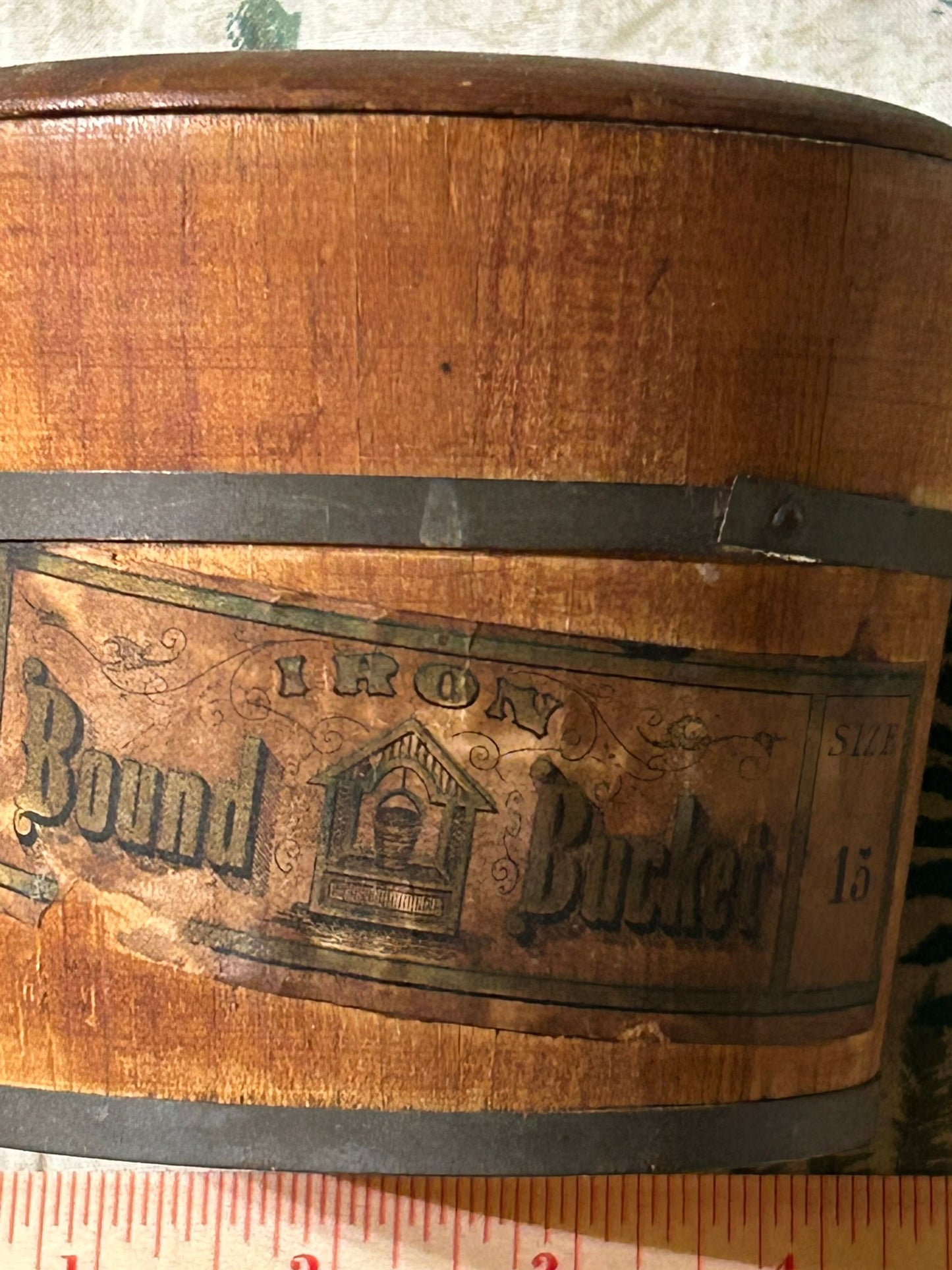 ANTIQUE SMALL WOODEN BUCKET WITH ORIGINAL LABEL