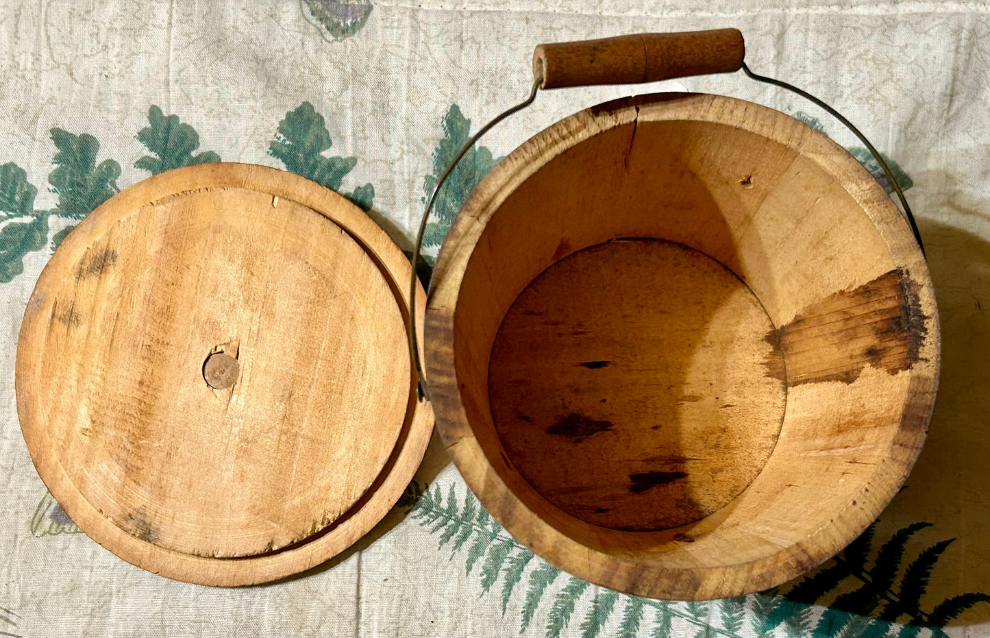 ANTIQUE SMALL WOODEN BUCKET WITH ORIGINAL LABEL