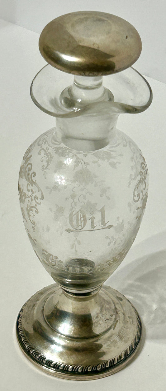 STERLING AND CRYSTAL ETCHED GLASS OIL AND VINEGAR ANTIQUE  BOTTLE