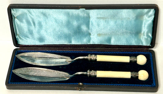 ANTIQUE ELECTROPLATE SILVER AND IVORY SERVERS IN CASE