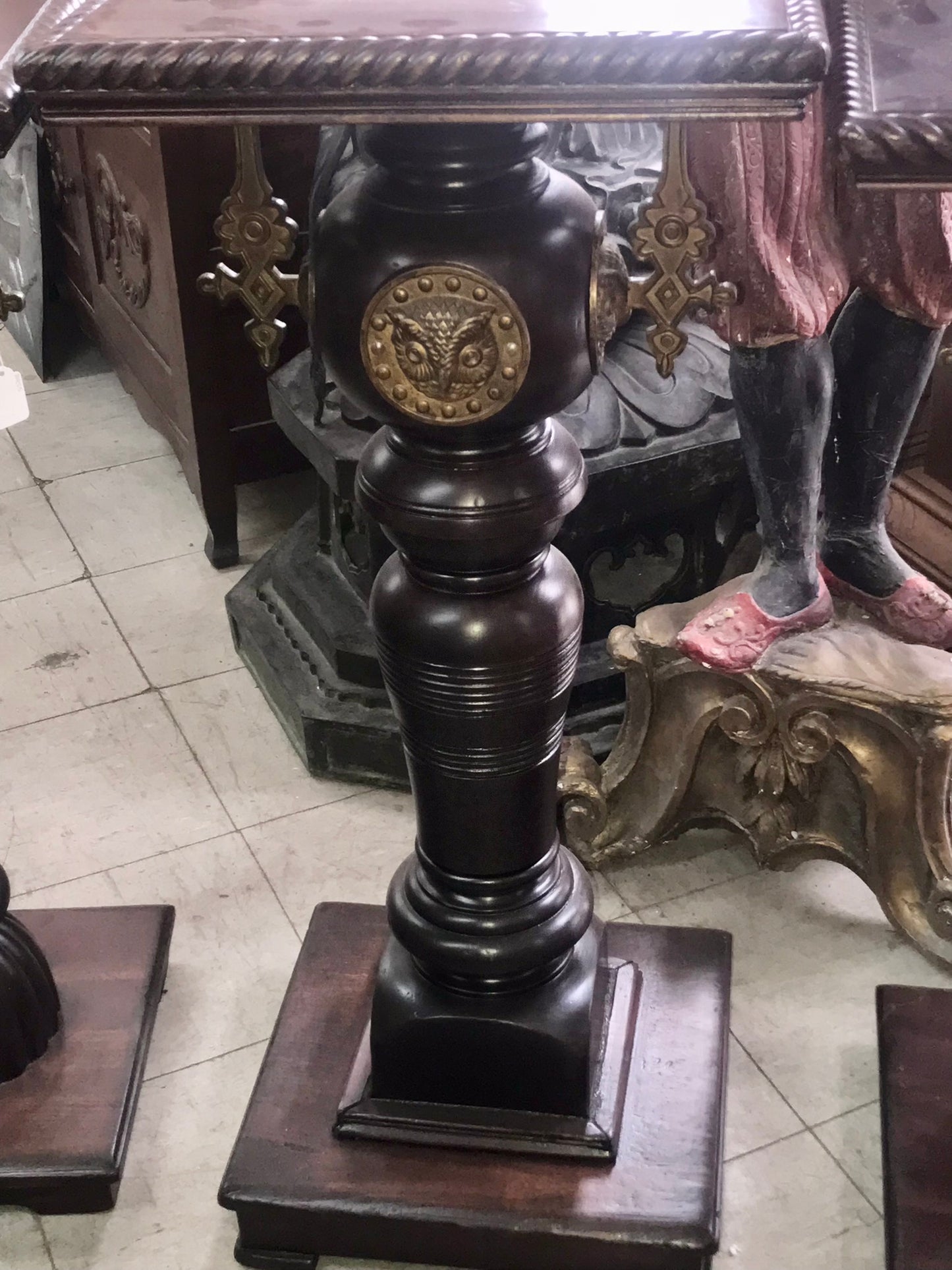 ANTIQUE MAHOGANY  SET OF THREE PEDESTALS WITH OWL HEADS