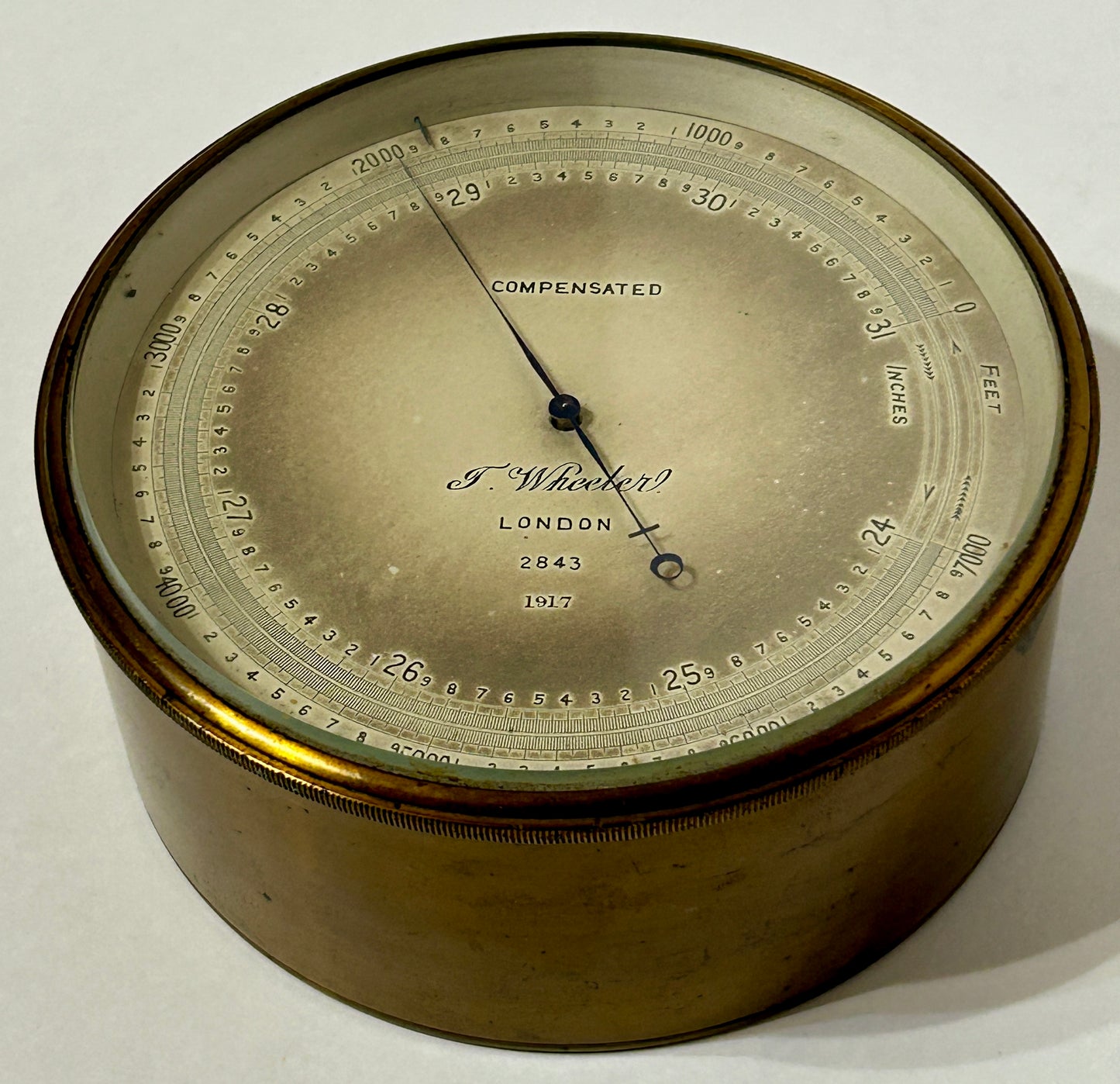 ANEROID BRASS BAROMETER BY A.T. WHEELER, LONDON 1917