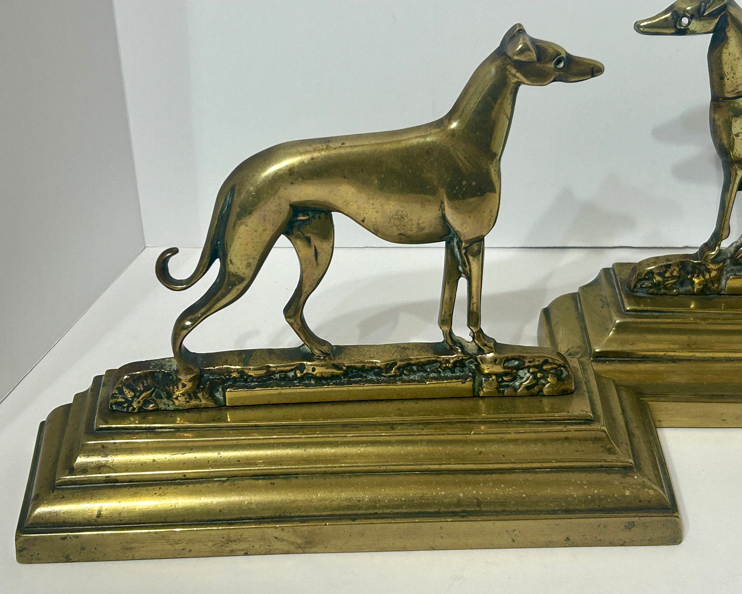GREYHOUND DOGS BRONZE ANTIQUE FIREPLACE CHENETS