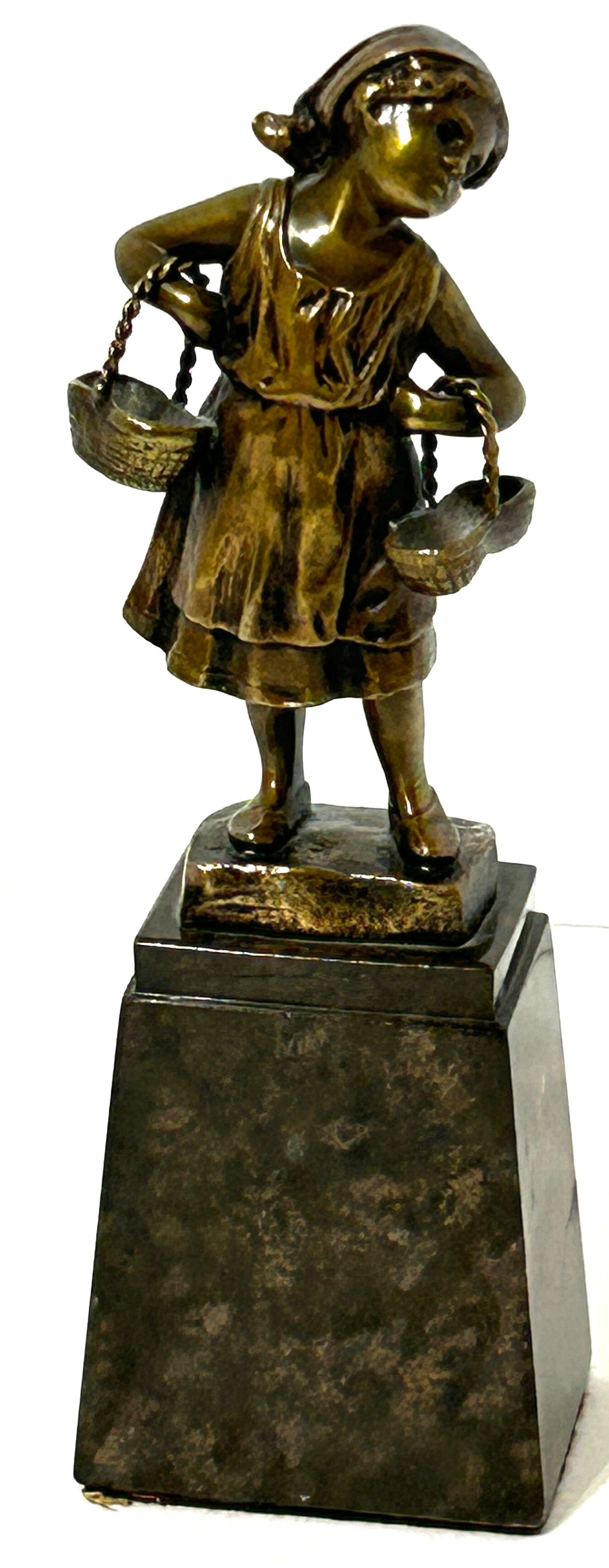 BRONZE STATUE OF GIRL HOLDING BASKETS BY JULIUS SCHMIDT FELLING
