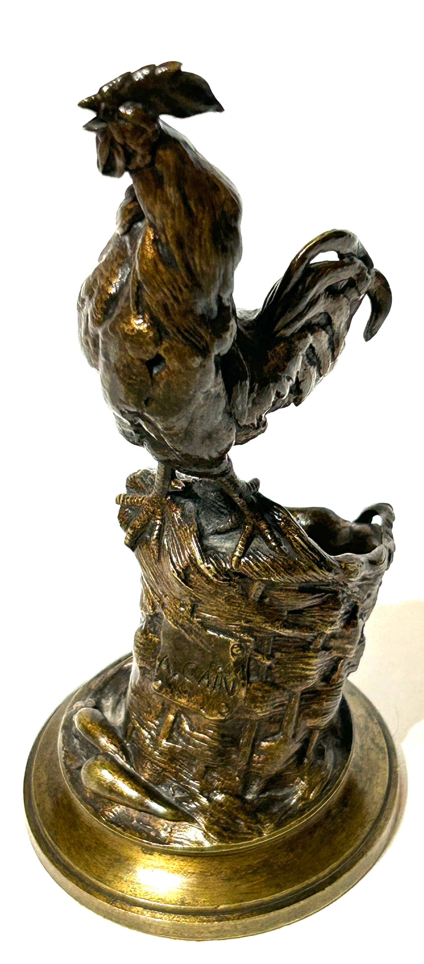 BRONZE CHICKEN ON BASKET BY A. CAIN