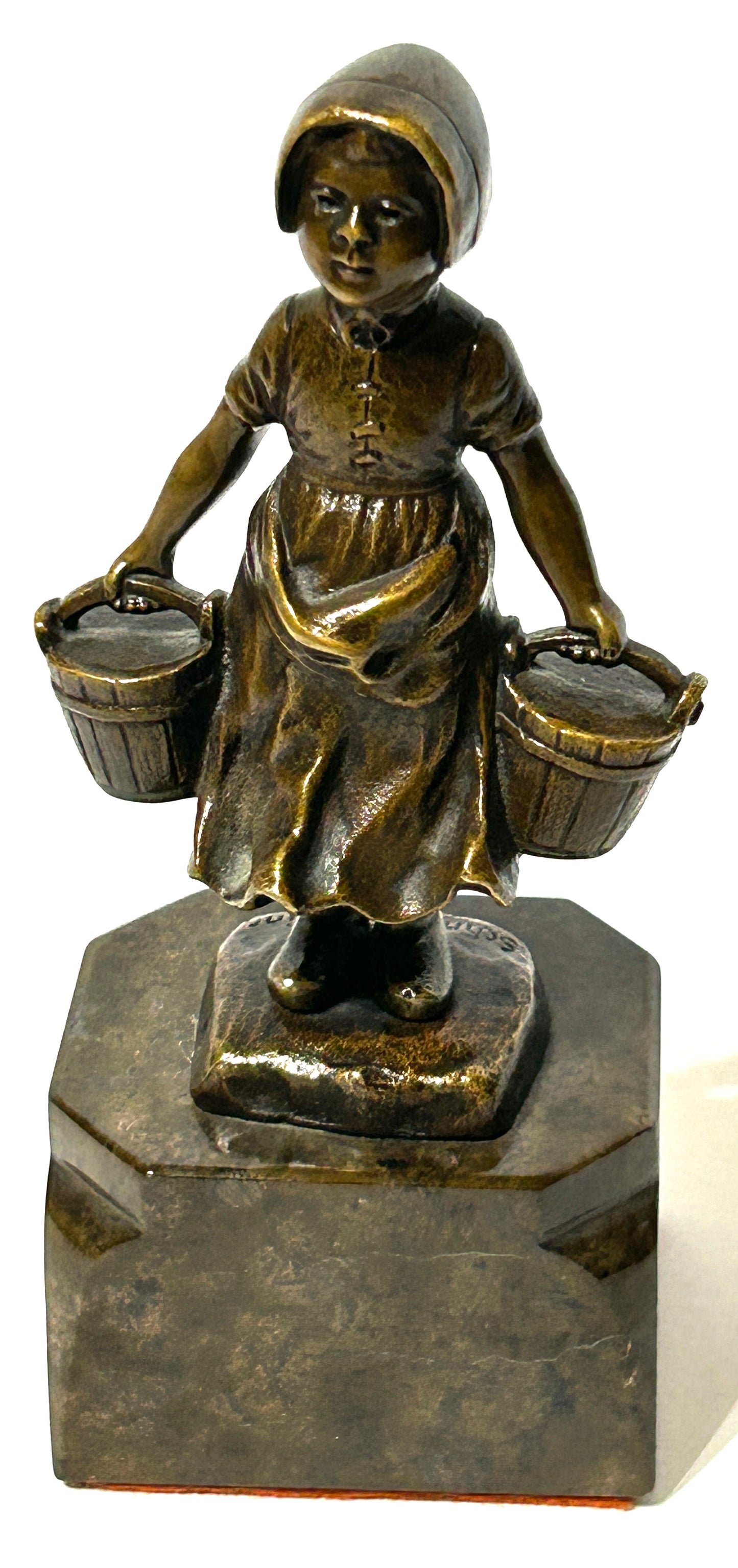 BRONZE SCULPTURE OF GIRL WITH TWO BUCKETS ANTIQUE BY JULIUS SCHMIDT-FELLING