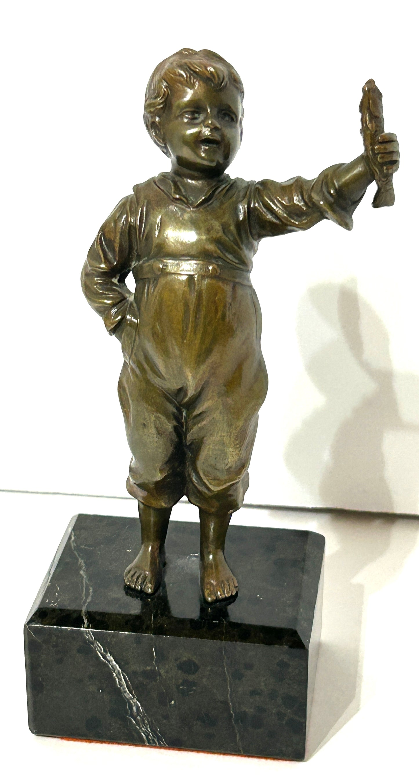 BRONZE ANTIQUE SCULPTURE OF BOY WITH FISH