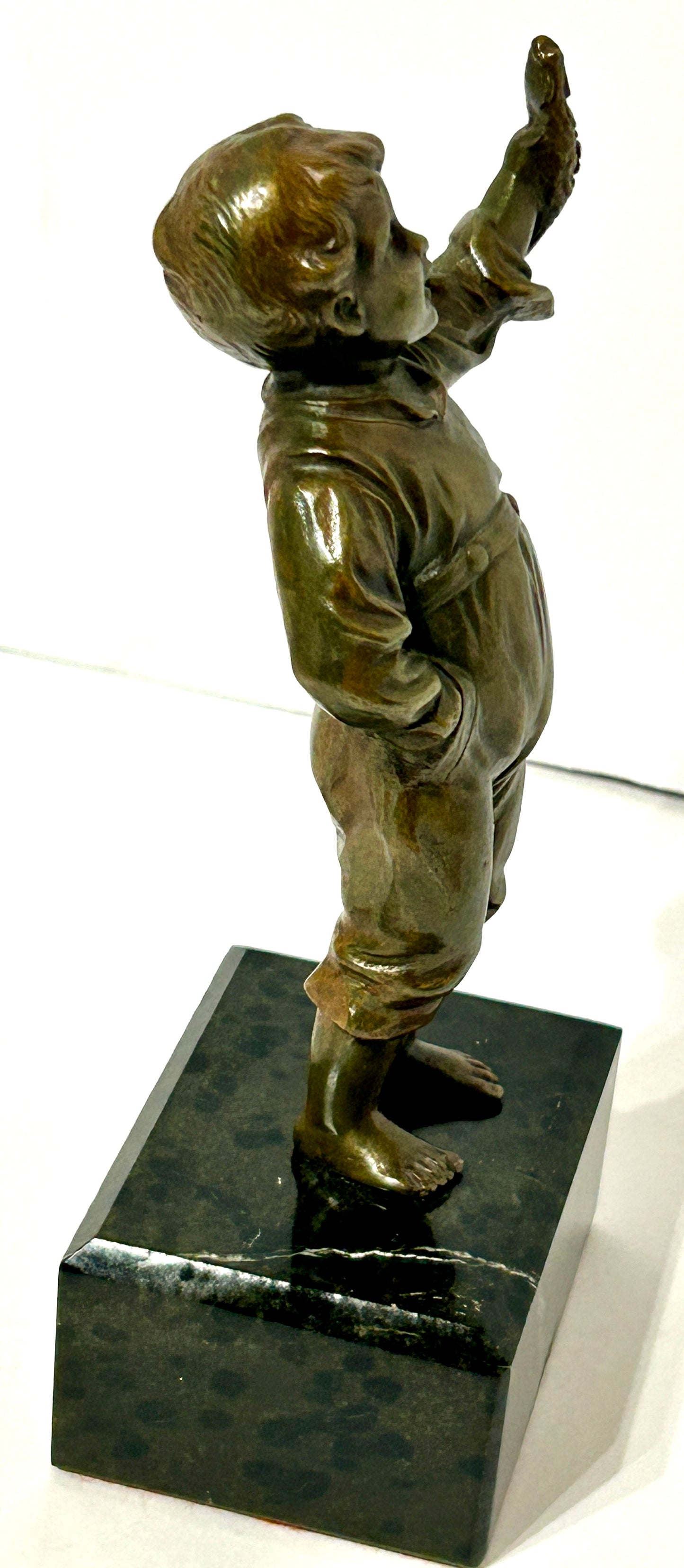 BRONZE ANTIQUE SCULPTURE OF BOY WITH FISH
