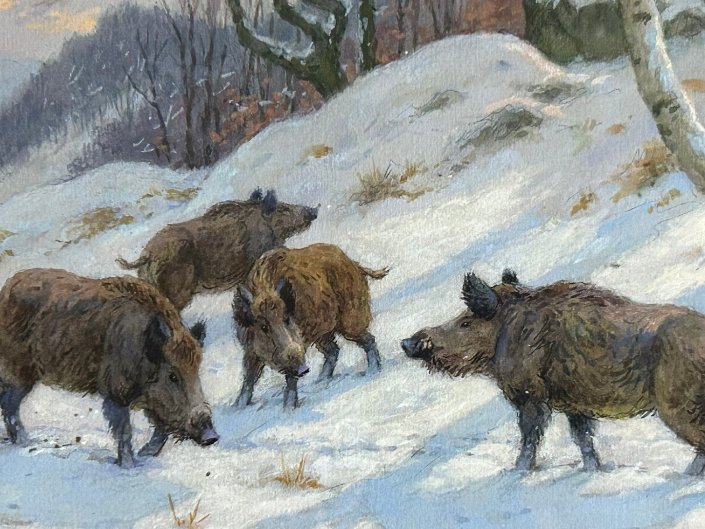 GEORGES FREDERIC ROETIG 1873-1961 FRANCE. WILD BOARS WATERCOLOR PAINTING