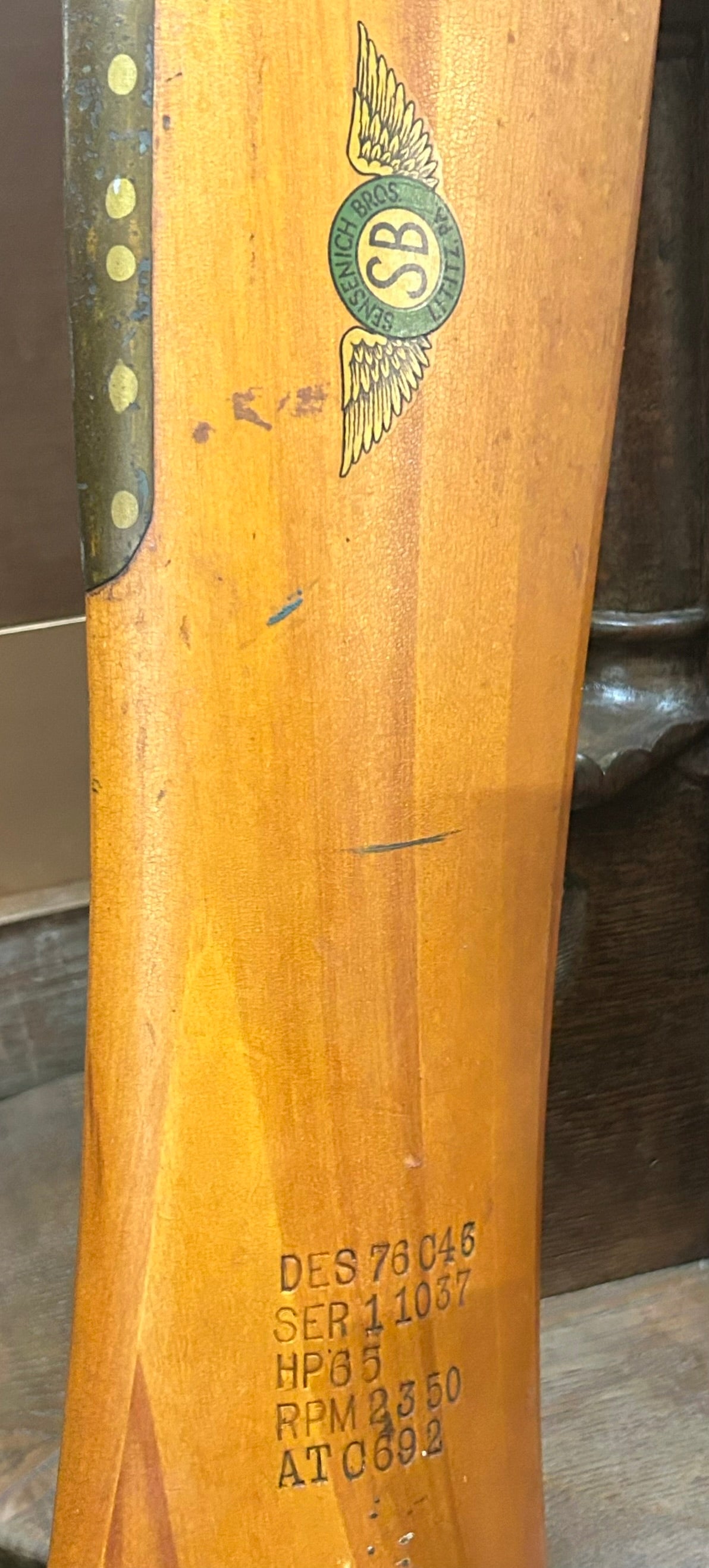 WOODEN 1930'S AIRPLANE PROPELLER 76" LONG MADE BY SENSENICH