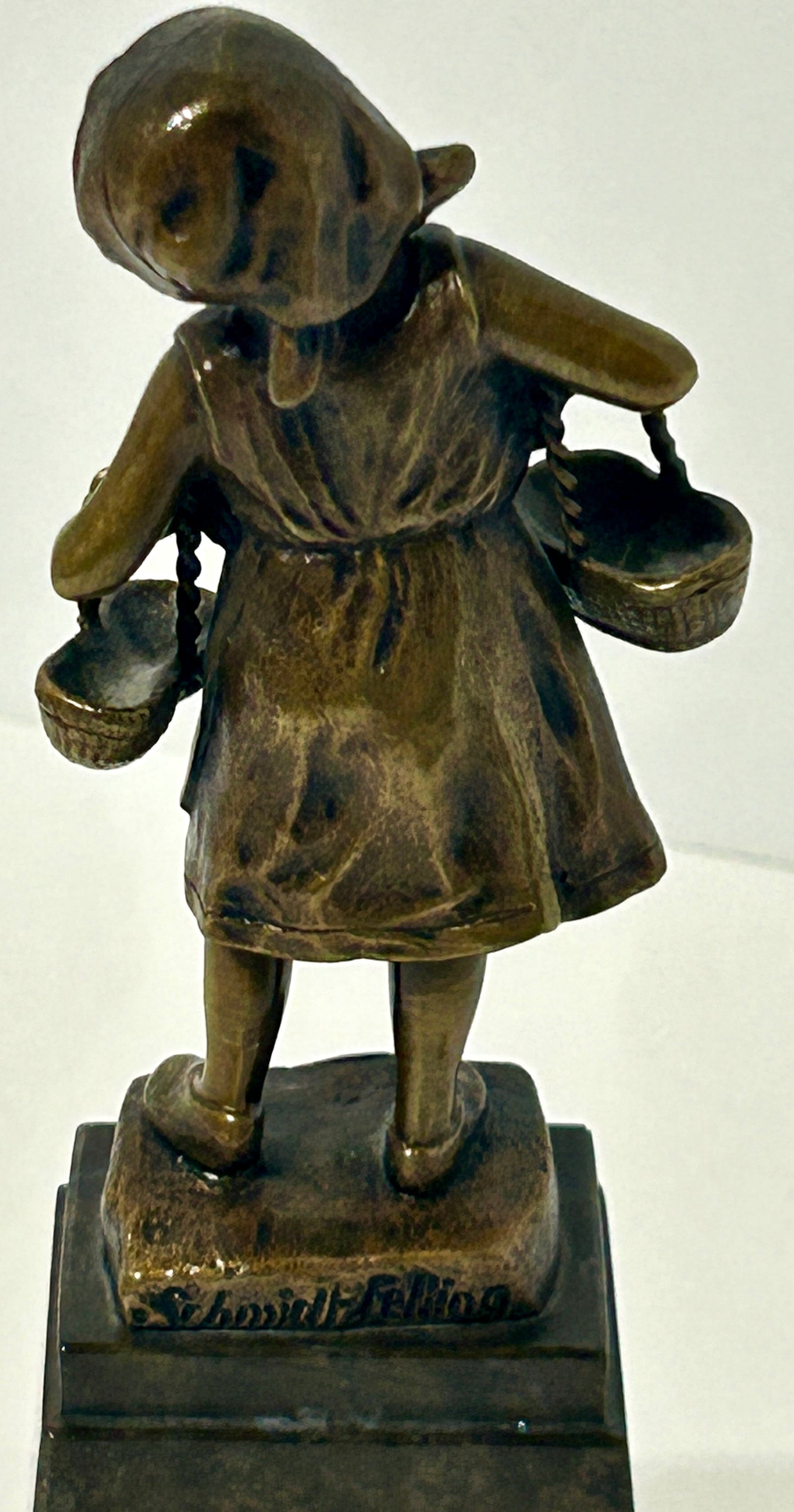 BRONZE STATUE OF GIRL HOLDING BASKETS BY JULIUS SCHMIDT FELLING