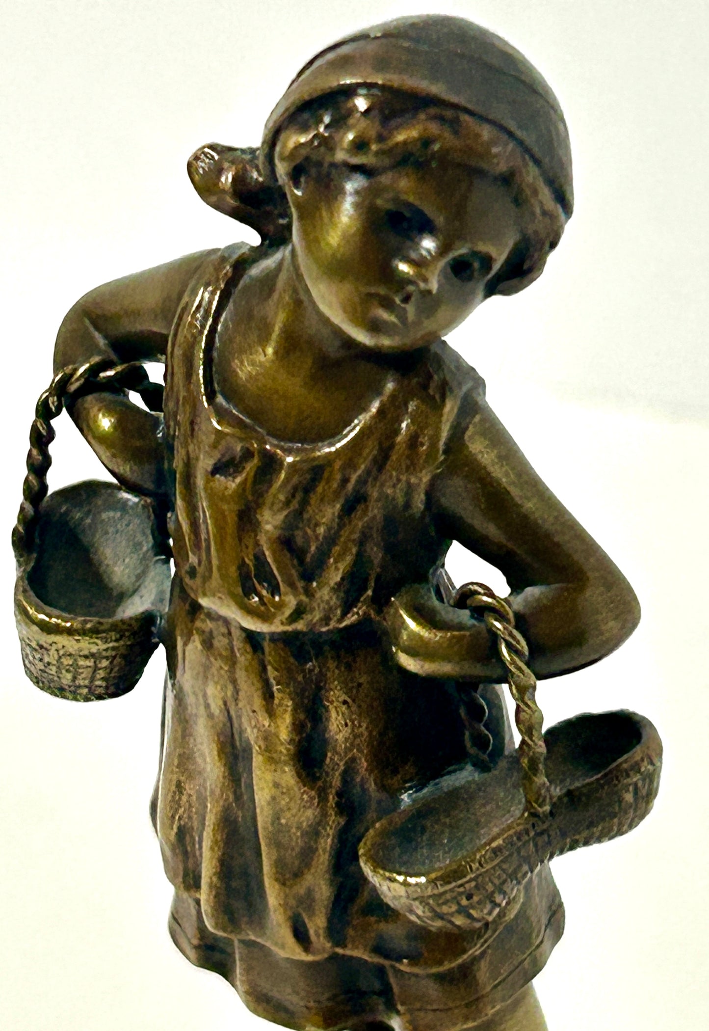 BRONZE STATUE OF GIRL HOLDING BASKETS BY JULIUS SCHMIDT FELLING