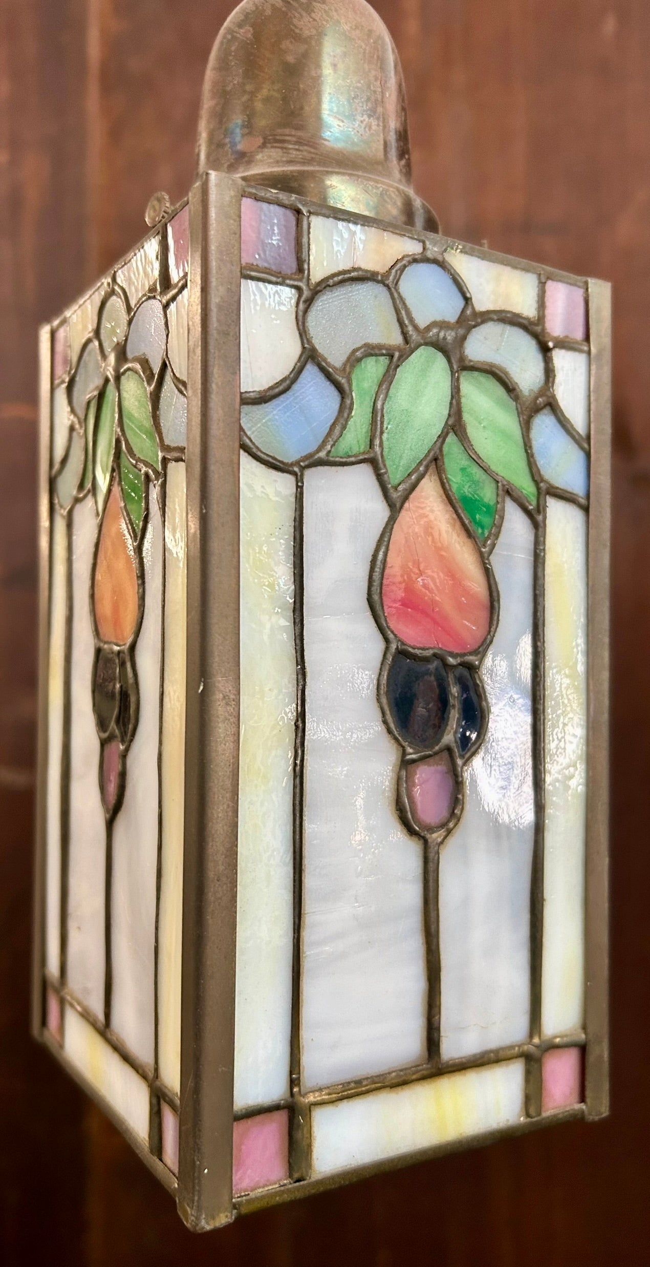 LEADED GLASS SMALL SQUARE HANGING ANTIQUE LAMP