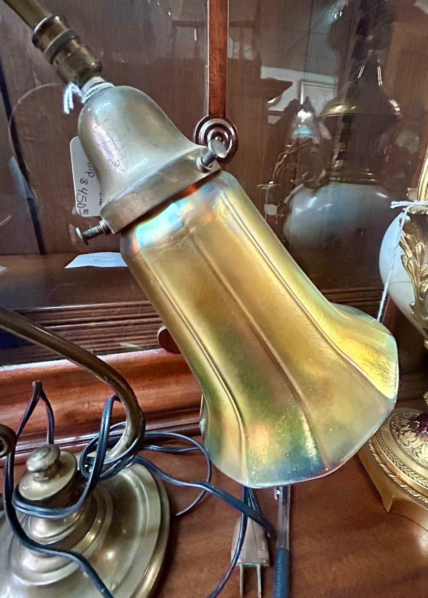 QUEZAL GOLD ART GLASS SHADE ON DESK LAMP