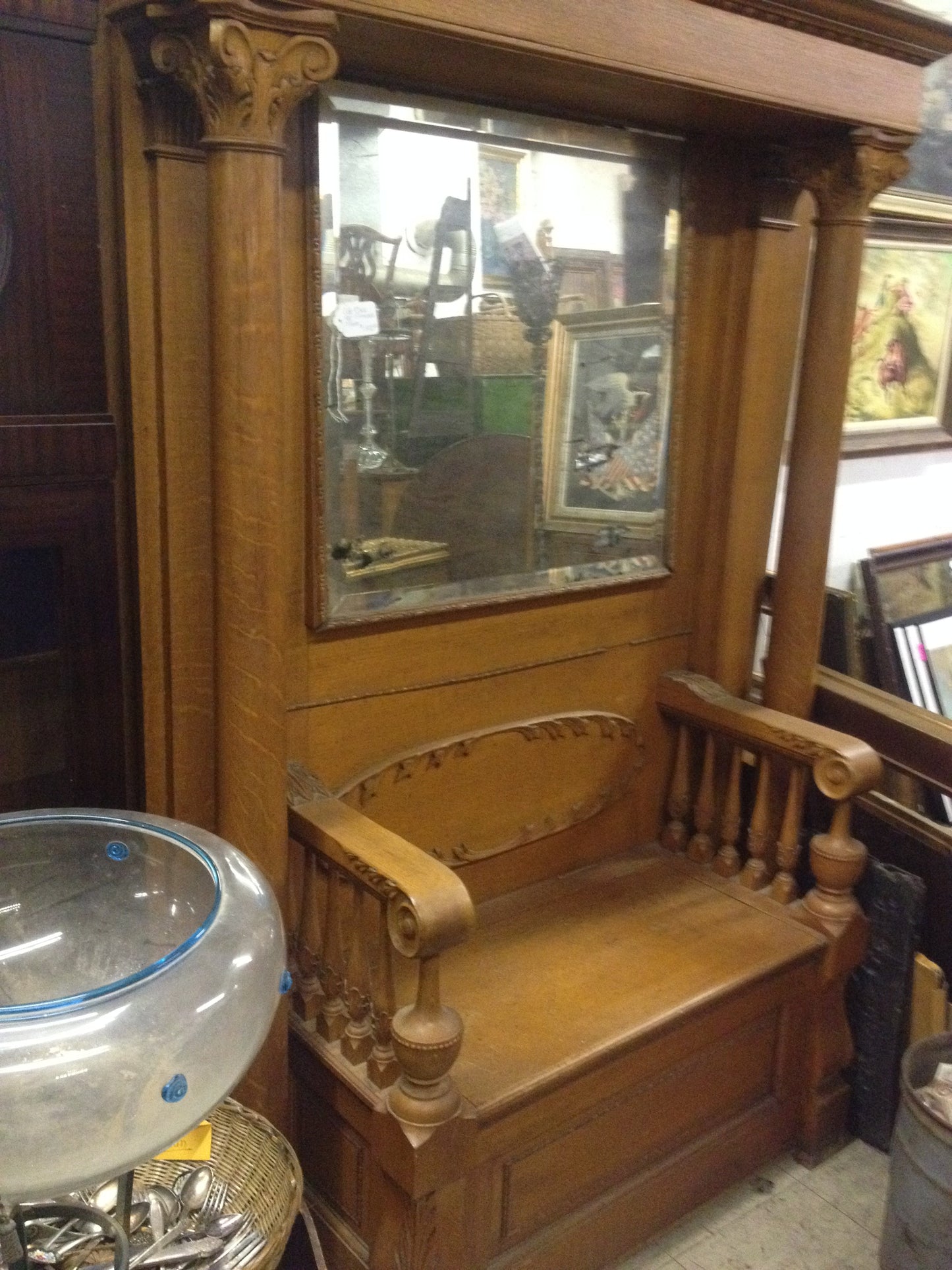 ANTIQUE OAK MIRRORED HALL SEAT FROM EARLY CLOTHING STORE IN LINCOLN NEBRASKA