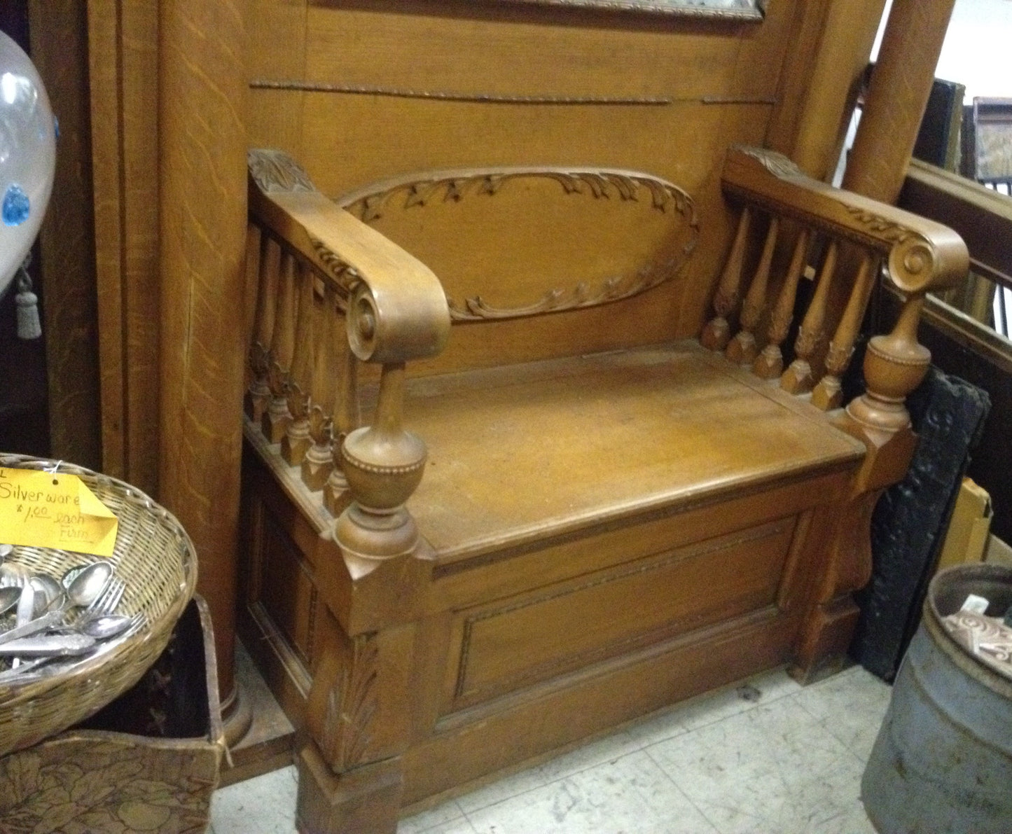 ANTIQUE OAK MIRRORED HALL SEAT FROM EARLY CLOTHING STORE IN LINCOLN NEBRASKA