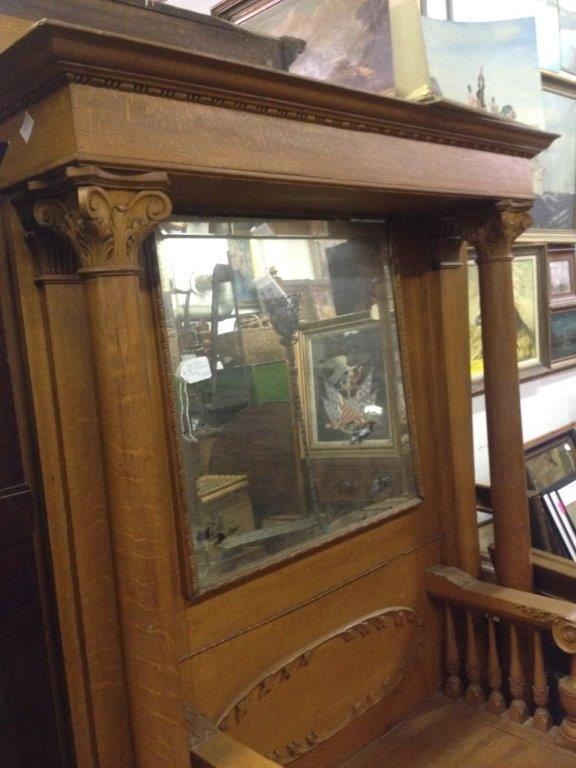 ANTIQUE OAK MIRRORED HALL SEAT FROM EARLY CLOTHING STORE IN LINCOLN NEBRASKA