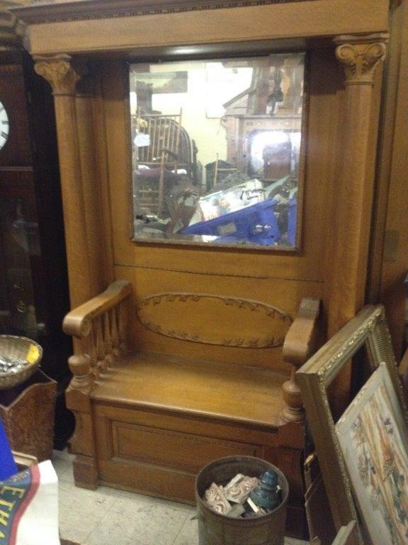 ANTIQUE OAK MIRRORED HALL SEAT FROM EARLY CLOTHING STORE IN LINCOLN NEBRASKA