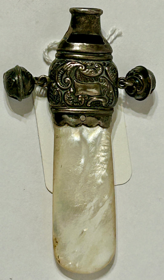 STERLING AND MOTHER OF PEARL ANTIQUE BABY TEETHER & WHISTLE