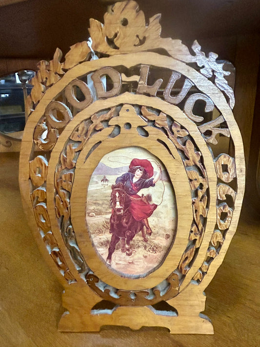 COWGIRL FRETWORK CUT OUT FRAME WITH COWGIRL PRINT IN MIDDLE