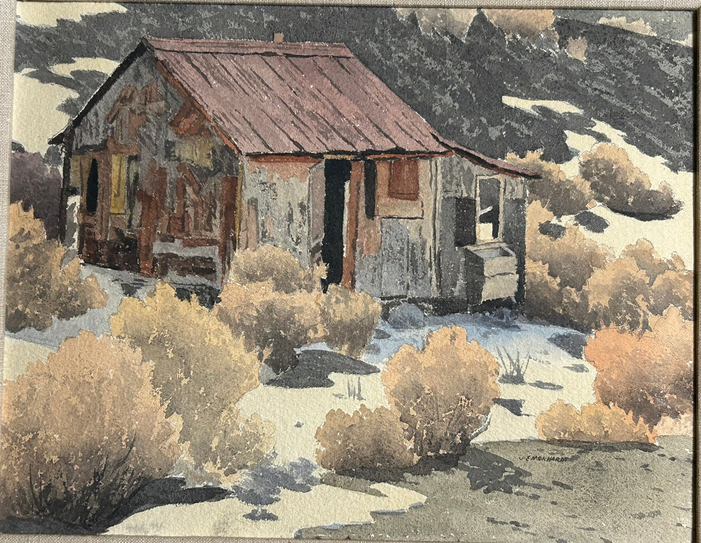 CALIFORNIA ARTIST JOSEPH MORHARDT 1906-1987 "OLD PROSPECTORS CABIN" PAINTING