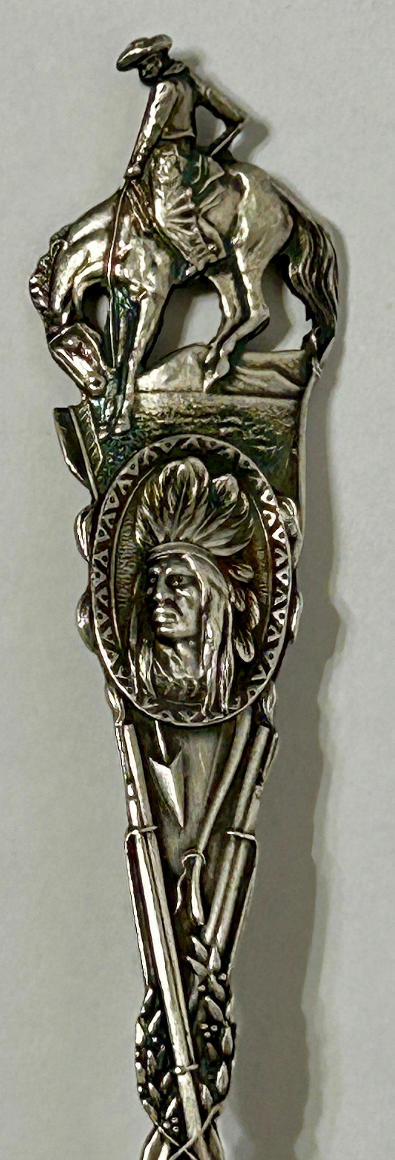 STERLING SILVER COWBOY AND NATIVE AMERICAN FIGURAL SPOON GREEN RIVER WYOMING