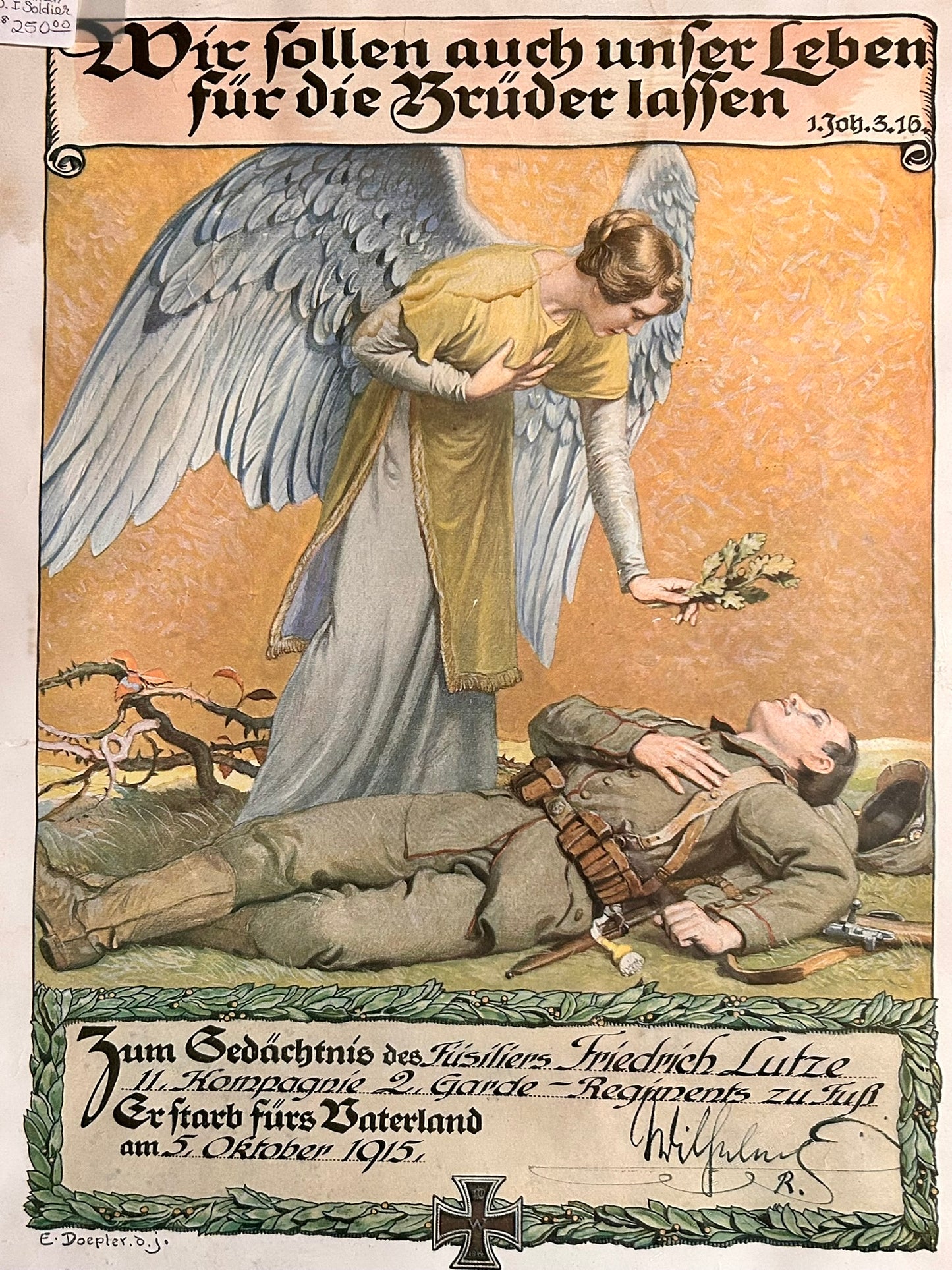 WWI GERMAN SOLDIER MEMORIAL ILLUSTRATED  PRINT FILLED OUT AND DATED 1915