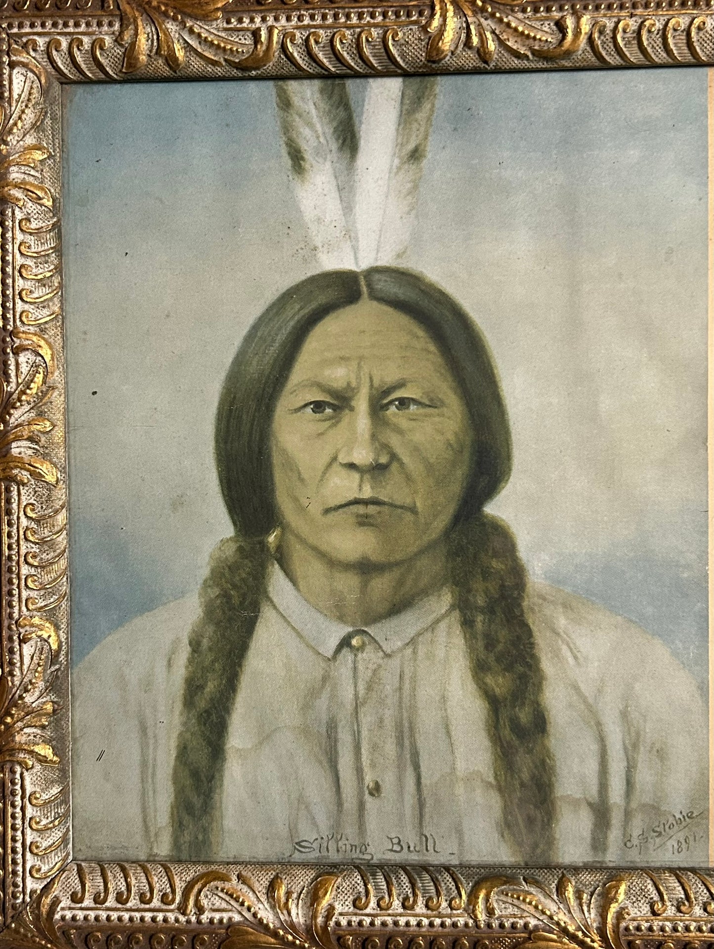 NATIVE AMERICAN SITTING BULL AND TWO GUNS WHITE CALF PRINTS FRAMED