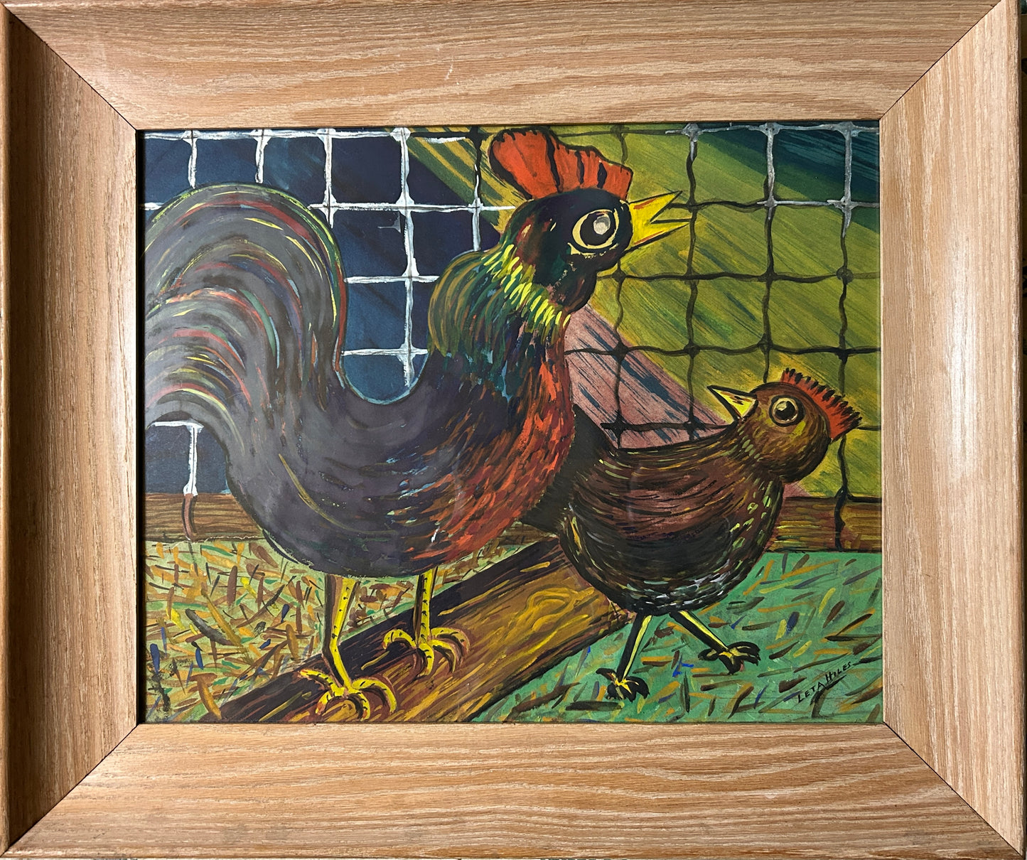 LETA HILES CALIFORNIA ARTIST LARGE WATERCOLOR OF ROOSTER AND HEN