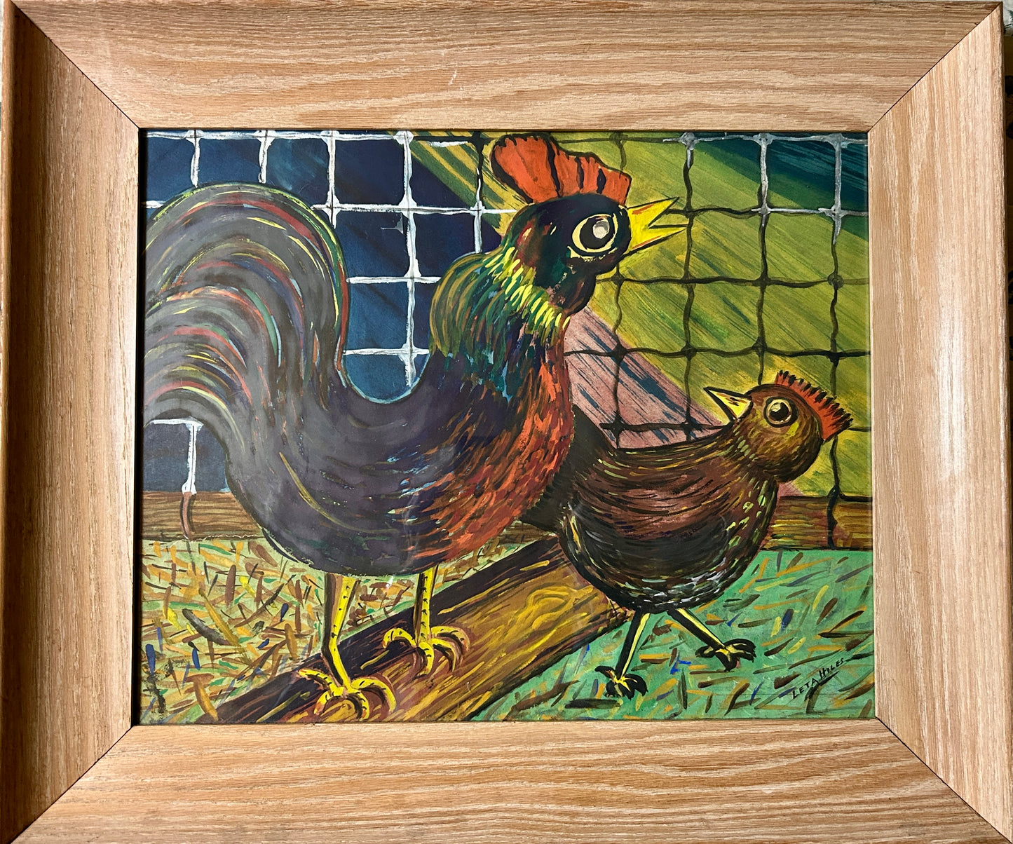 LETA HILES CALIFORNIA ARTIST LARGE WATERCOLOR OF ROOSTER AND HEN